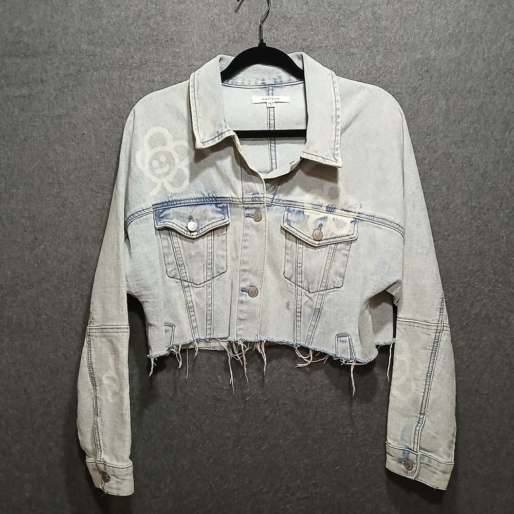 PacSun Crop Denim Jean XS/S Jacket 100% Cotton Floral Bleach Design Grunge